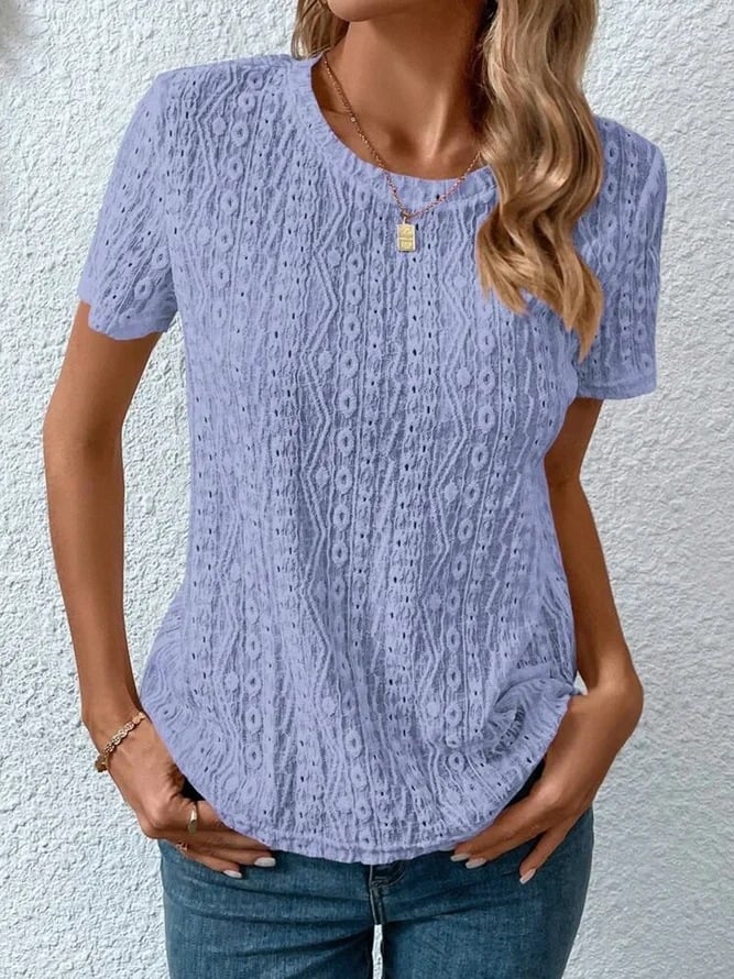 Sweet round neck hollow short-sleeved T-shirt female