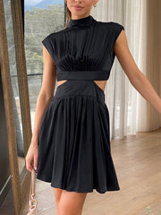 Women'S High Neck Cap Sleeve Waist Cut Midi Dress