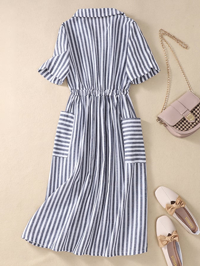 Lovevop Artistic Cotton And Linen Striped Dress