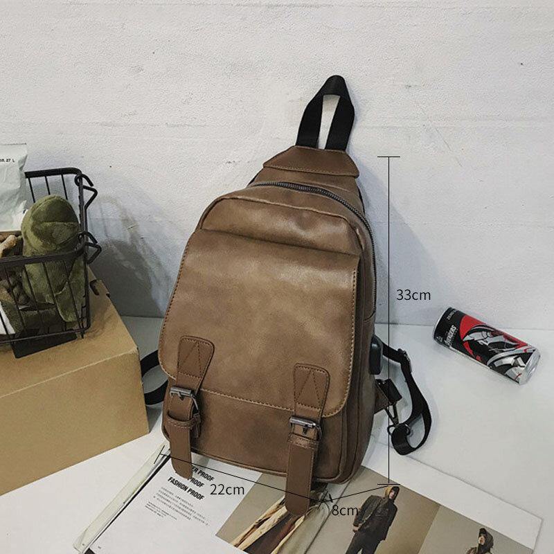 lovevop Men Retro Earphone Hole Multi-carry USB Charging Multi-Layers Waterproof Crossbody Bag Chest Bag Sling Bag