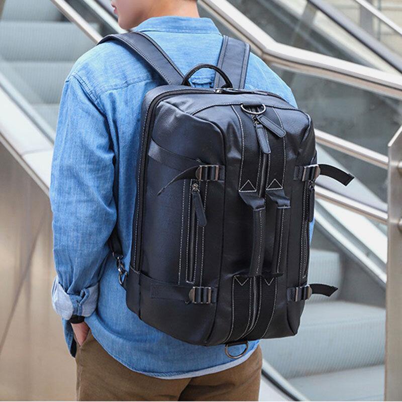 lovevop Men Multi-purpose PU Leather Backpack 15.6 Inch Large Capacity Multi-pocket Laptop Bag Handbag Crossbody Bags