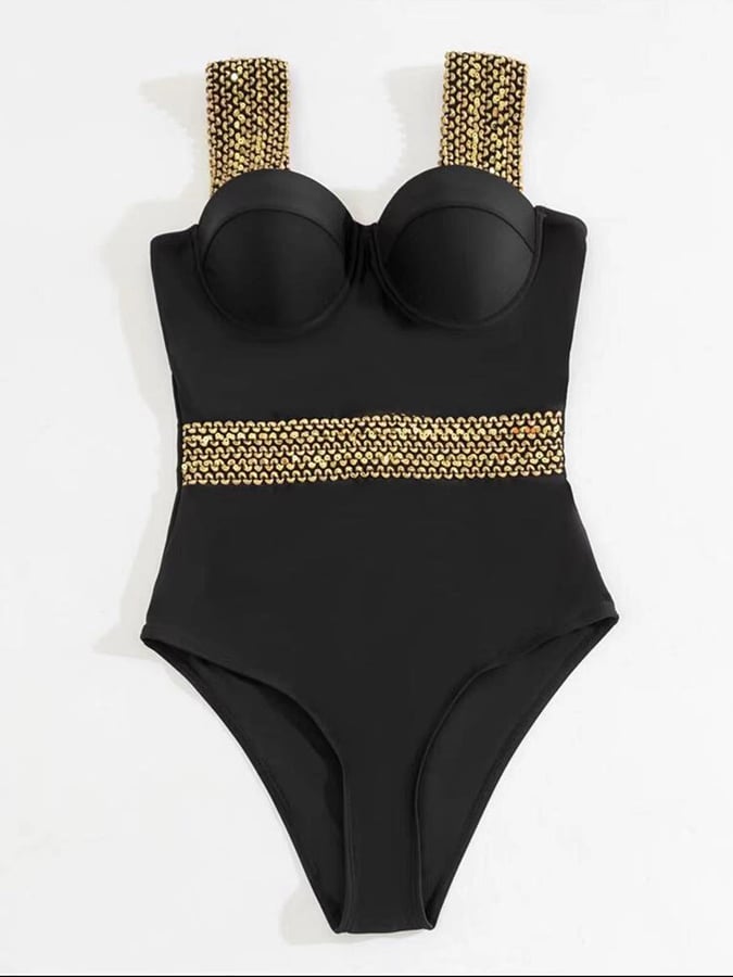 Women's Black One-Piece Knit Waistband Swimsuit