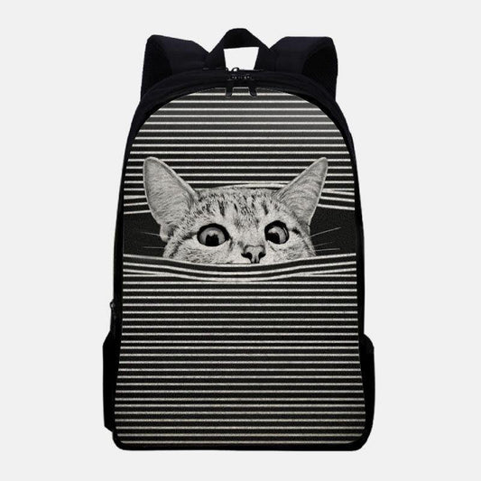 lovevop Women Oxford Cloth Large Capacity Cartoon Cat Stripe Pattern Printing Backpack