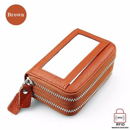 elvesmall Genuine Leather RFID Double Zipper 11 Card Holder Coin Bag