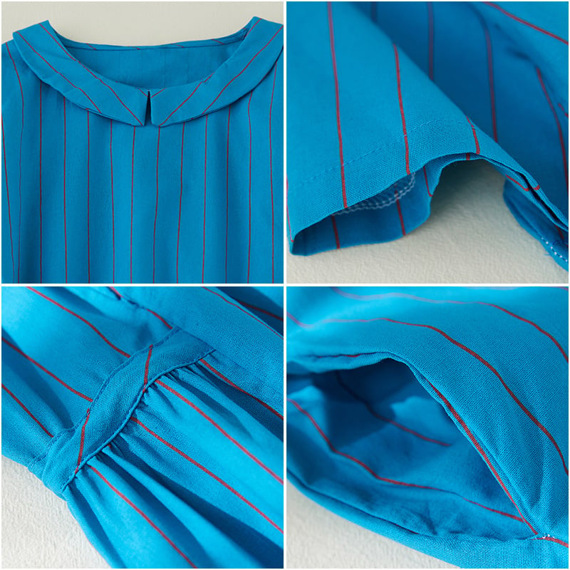 Lovevop Striped Underbelly Mid Length Polo Collar Cotton Linen Dress