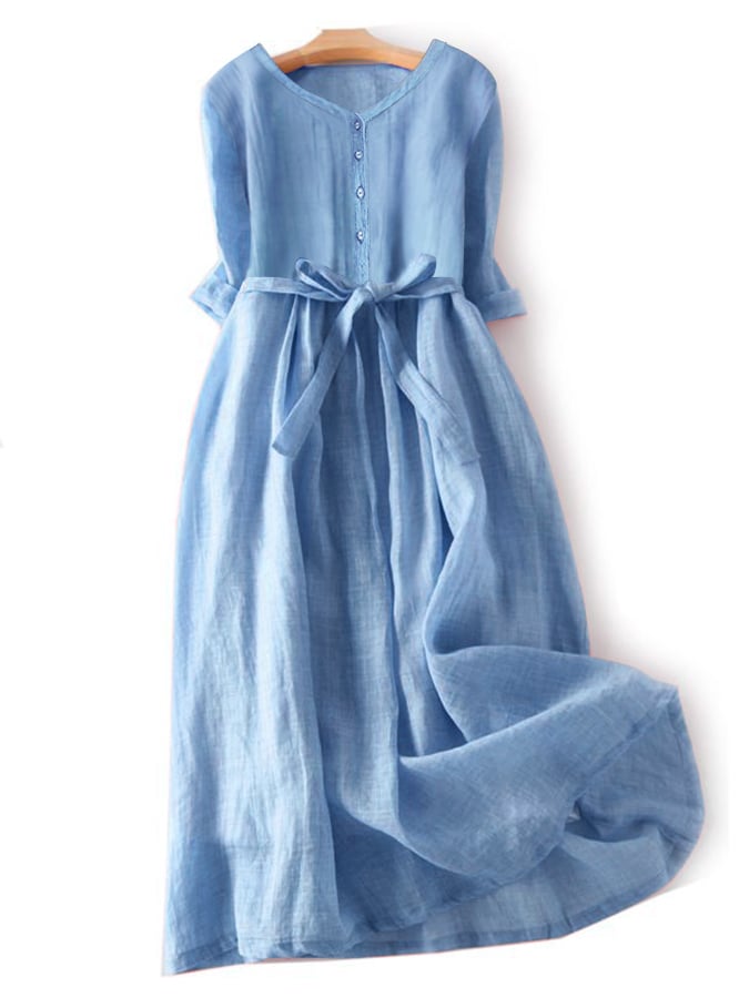 Lovevop Literary And Elegant Cotton And Linen Tie Dress