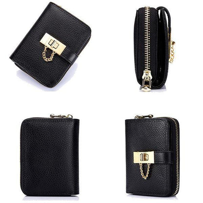 elvesmall Women Genuine Leather Zipper Card Holder Chain Lock Short Purse Wallets