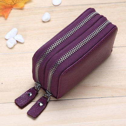 elvesmall Genuine Leather RFID Double Zipper 11 Card Holder Coin Bag