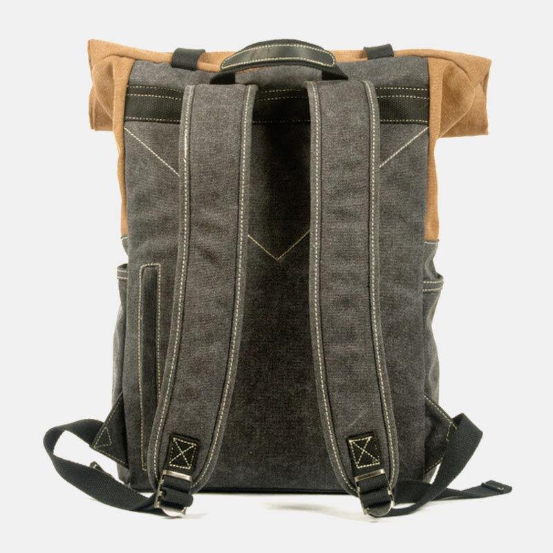 lovevop Men Genuine Leather Cowhide and Canvas Patchwork Outdoor Waterproof Anti-theft Hiking 14 Inch Laptop Backpack