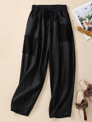 Lovevop Cotton Embroidered Patch Elastic Waist Harlan Pants