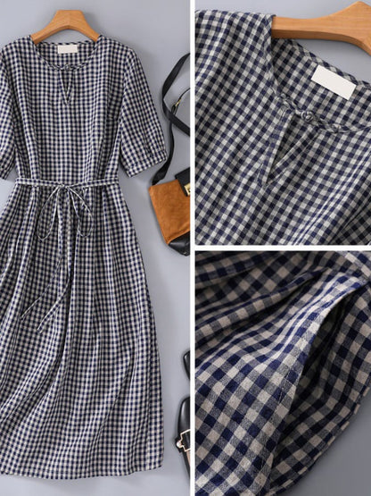 Lovevop Cotton And Linen Retro Loose And Slim Plaid Waistband Dress