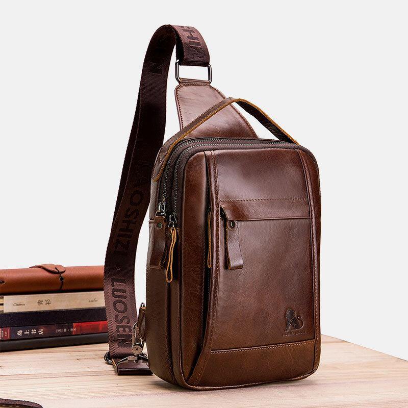 lovevop Men Genuine Leather Retro Business Casual Solid Color Leather Shoulder Bag Crossbody Bag Chest Bag