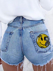 Smiley Print Hip Sexy Denim Shorts
