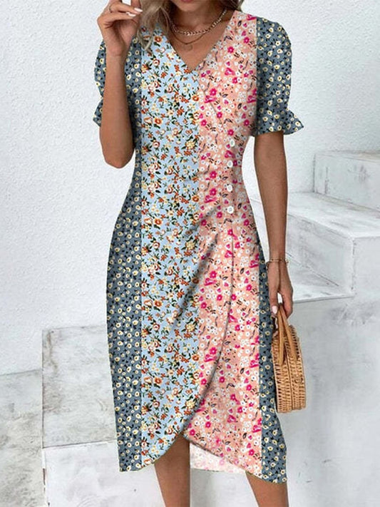 Printed Collage Bubble Sleeve Irregular Hem Dress