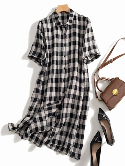 Lovevop Polo Neck Short Sleeved Plaid Linen Shirt Skirt