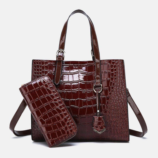 lovevop Women 2PCS Alligator PU Multi-pocket Large Capacity Handbag Crossbody Bag Tote