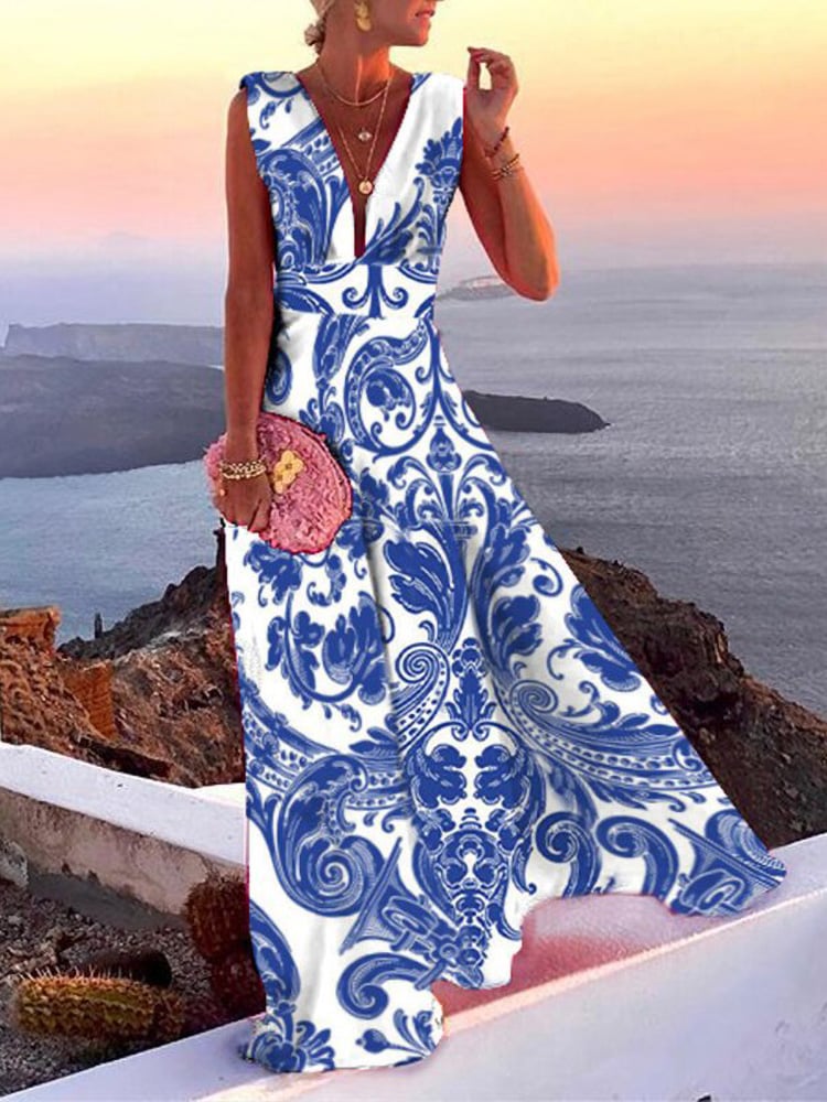 Women's Casual Style Solid Color Printed Medium Waist Sleeveless Dress