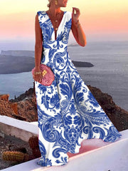 Women's Casual Style Solid Color Printed Medium Waist Sleeveless Dress