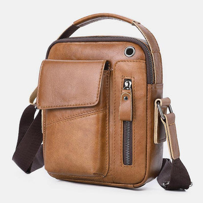 lovevop Men Genuine Leather Multi-pocket Headphone Hole Vintage 6.5 Inch Phone Bag Crossbody Bag Shoulder Bag Messenger Briefcase