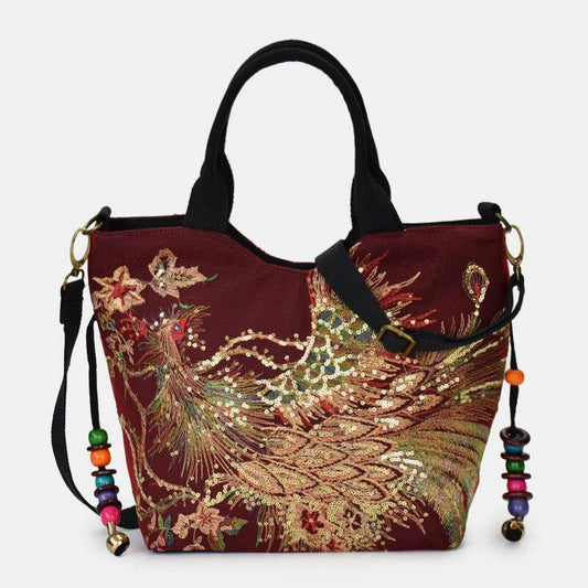 lovevop Women Canvas Embroidery Peacock Pattern Ethnic Style Multi-carry Handbag Crossbody Bag Shoulder Bag