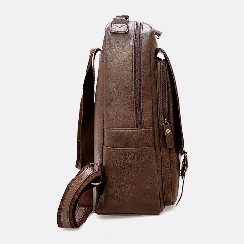 lovevop Men PU Leather Vintage Business Waterproof Wear-Resistant Large Capacity 15.6 Inch Laptop Bag Backpack