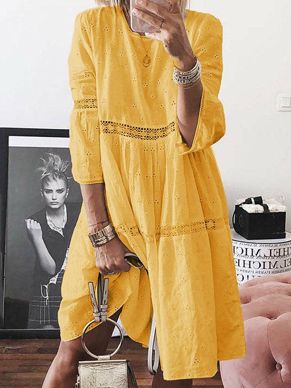 lovevop Loose Solid Color Hollow Round-Neck 3/4 Sleeves Midi Dress