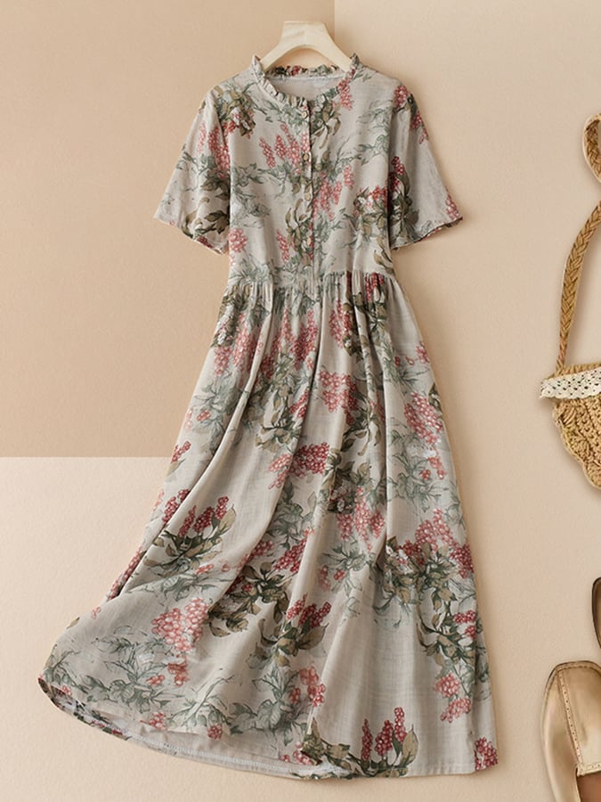 Lovevop Cotton And Linen Printed Artistic Slimming Dress