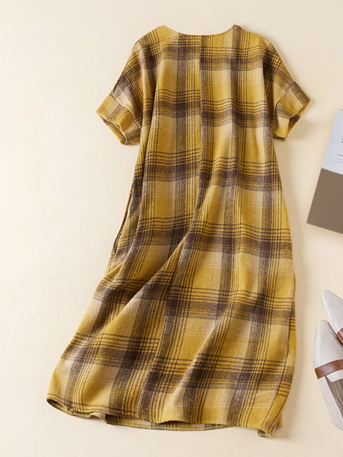 Lovevop Vintage Plaid Cotton Linen A-Line Pocket Dress