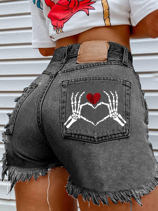 Skull Hand Heart Print Hip Sexy Denim Shorts