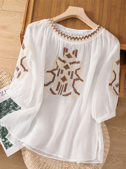 Lovevop Embroidered Round Neck Temperament Ladies Casual Shirt