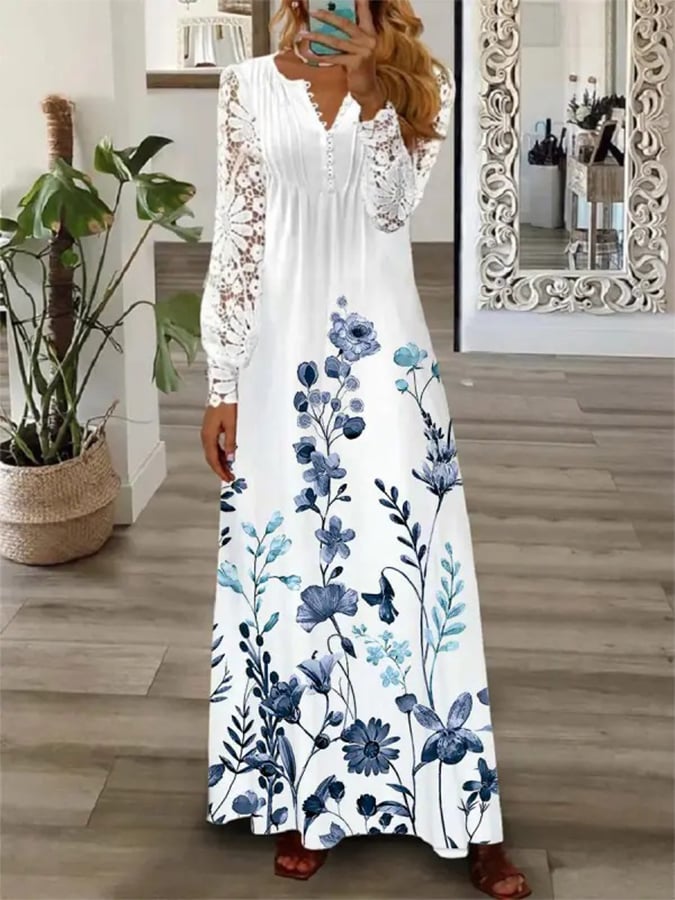 V Neck Button Long Sleeve Lace Long Dress