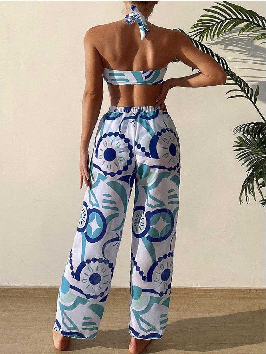 Beach Printed Three -piece Sleeve Long Trousers Hanging Neck Split Swimsuit
