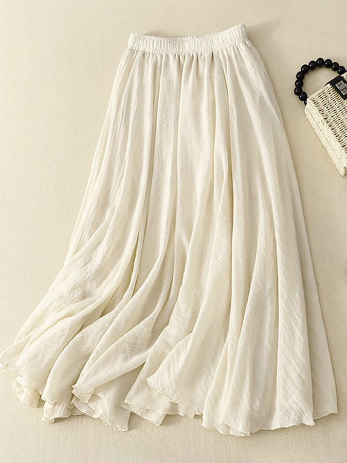 Lovevop Cotton Linen Elastic Waist Casual Swing Skirt