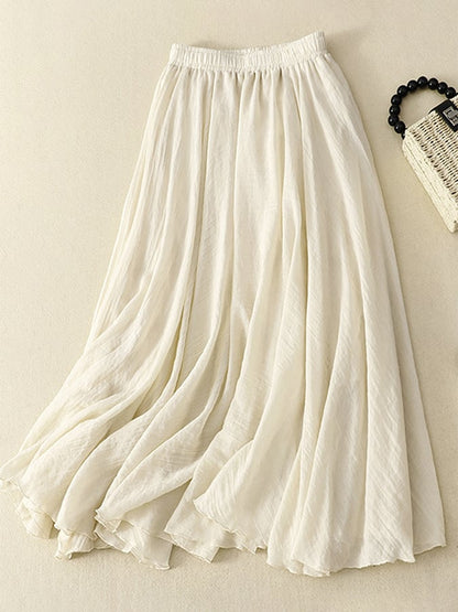 Lovevop Cotton Linen Elastic Waist Casual Swing Skirt