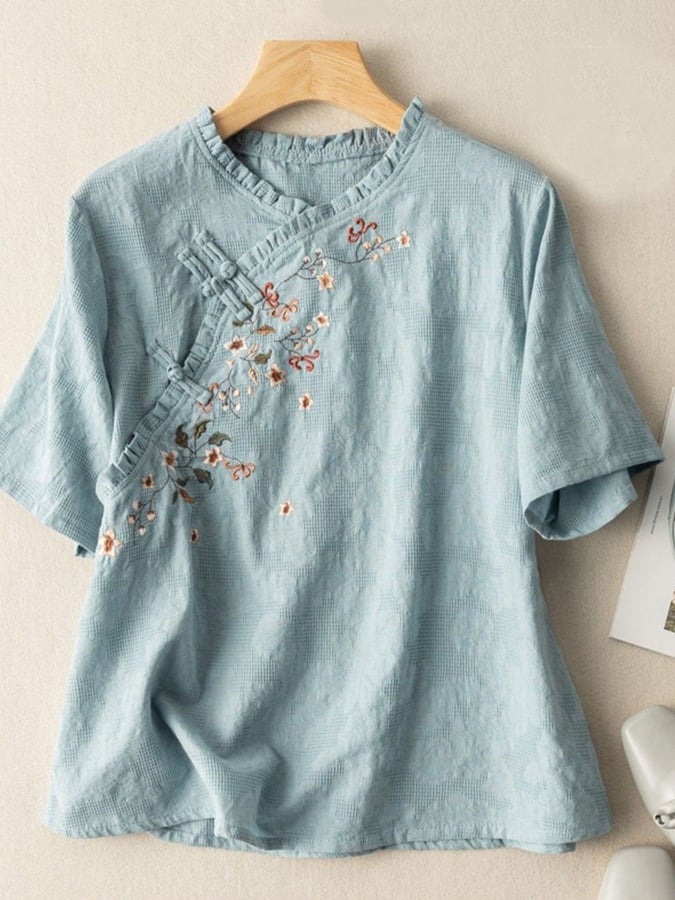 Lovevop Cotton Literary Artistic Retro Diagonal Placket Embroidered Shirt
