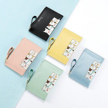 elvesmall Women Faux Leather Cute Cartoon Cats Printing Ultra-thin Card Case Coin Bag Wallet