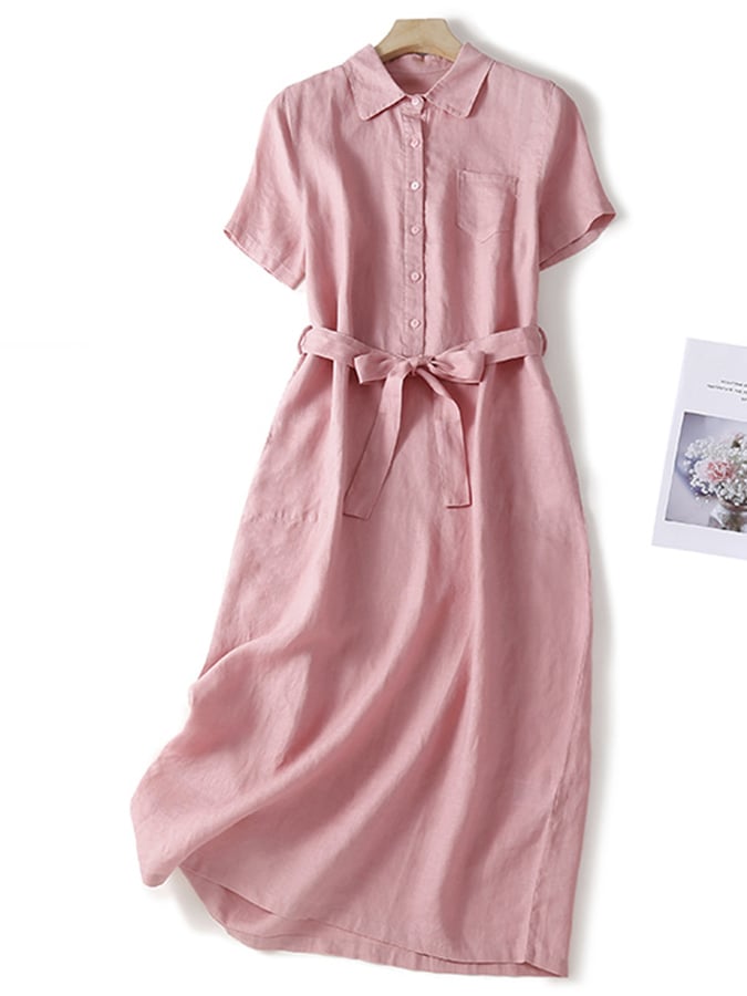 Lovevop Cotton And Linen Solid Color Shirt Collar Belt Dress