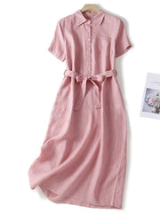 Lovevop Cotton And Linen Solid Color Shirt Collar Belt Dress