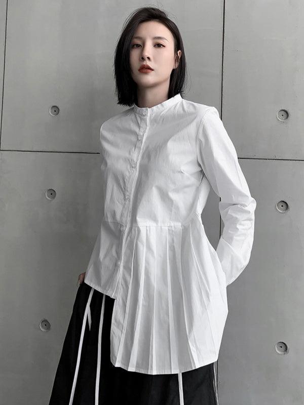 lovevop Stylish Irregular Solid Color Split-Joint Pleated Buttoned Stand Collar Long Sleeves Blouse