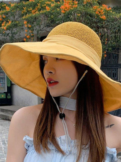 lovevop Casual Hollow Sun-Protection Large Wide Brim Bucket Hat