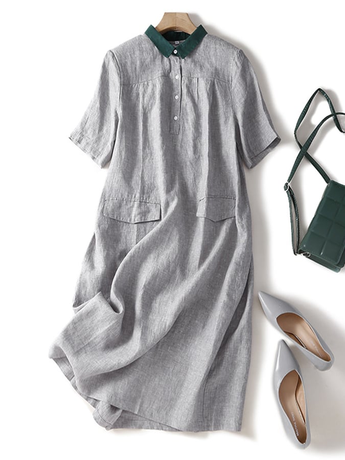 Lovevop Literary Retro Cotton Linen Polo Dress