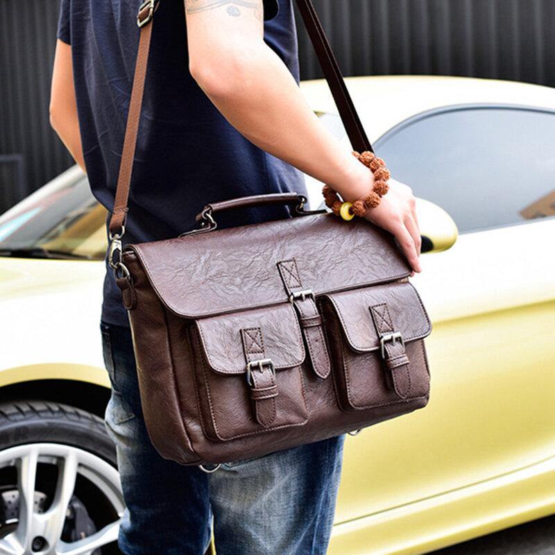 lovevop Men PU Leather Canvas Large Capacity 14 Inch Multifuntion Briefcase Crossbody Bags Handbag Backpack