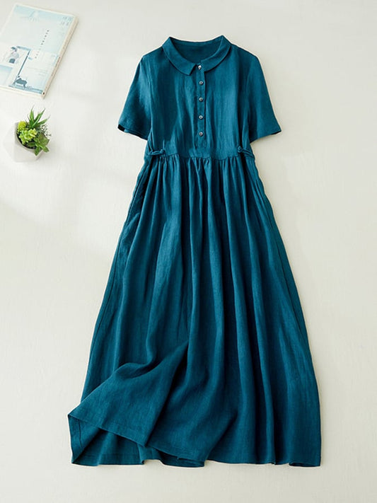 Lovevop Cotton And Linen Solid Color Short Sleeved Shirt Collar Dress