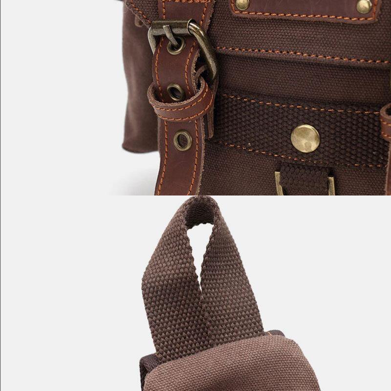 lovevop Men Genuine Leather And Canvas Travel Outdoor Carrying Bag Personal Crossbody Bag Chest Bag