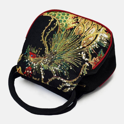 lovevop Women Canvas Ethnic Style Embroidery Peacock Pattern Casual Elegant Mini Ladies Handbag