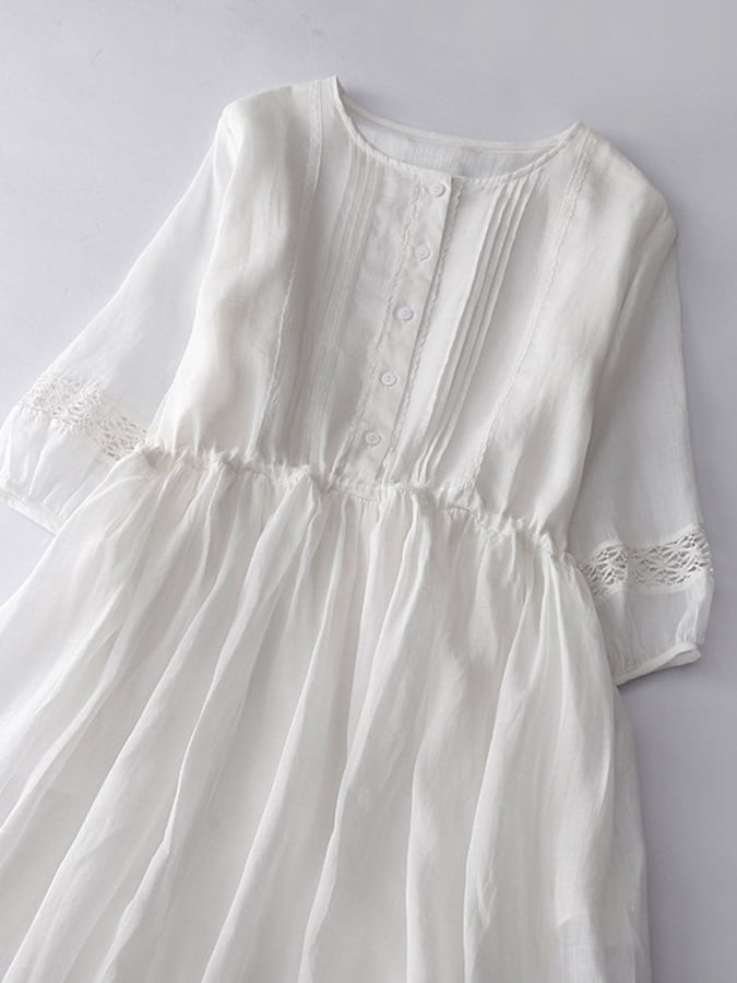 Lovevop Thin Round Neck Lace Up Waist Embroidered Cotton Linen Dress