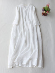 Lovevop Elegant Pleated Loose Cotton Linen Dress