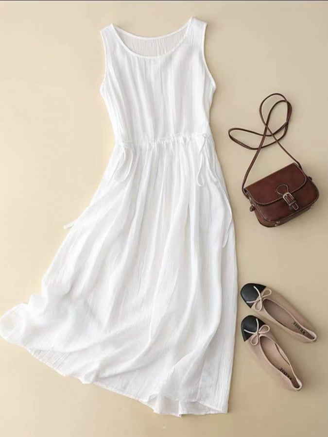 Lovevop Loose Round Neck Waistband Sleeveless Dress