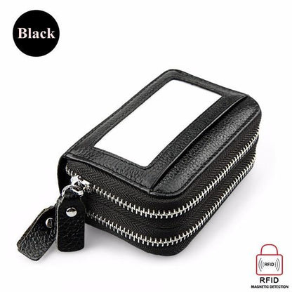 elvesmall Genuine Leather RFID Double Zipper 11 Card Holder Coin Bag