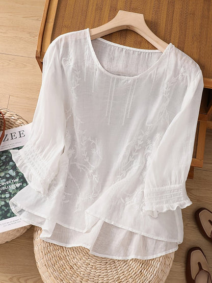 Lovevop Cotton Fashion Embroidered Round Neck Loose Shirt